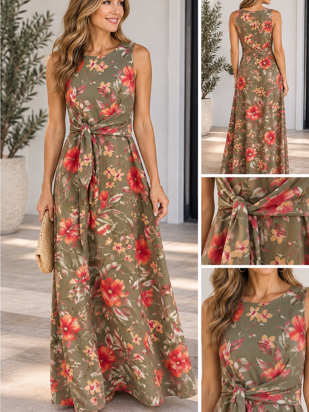 Coldwater Creek Olive Maxi Dress with Red Floral Accent
